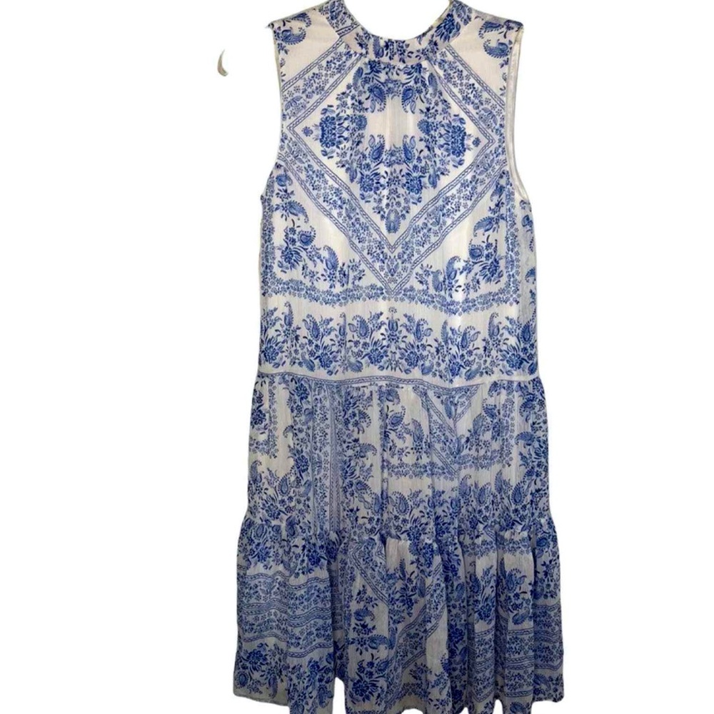 Calvin Klein Blue/White Paisley Chiffon Mock Neck Tiered Swing Dress